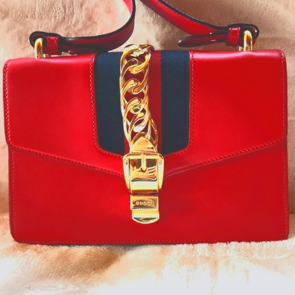 Gucci Red Calfskin Leather Small Sylvie Shoulder Bag - Picture 1 of 12